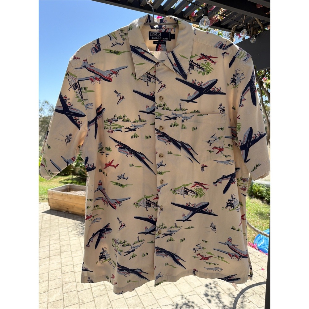 Polo Ralph Lauren Shirt Mens Large Airplane Button Up Short Sleeve Loop Collar